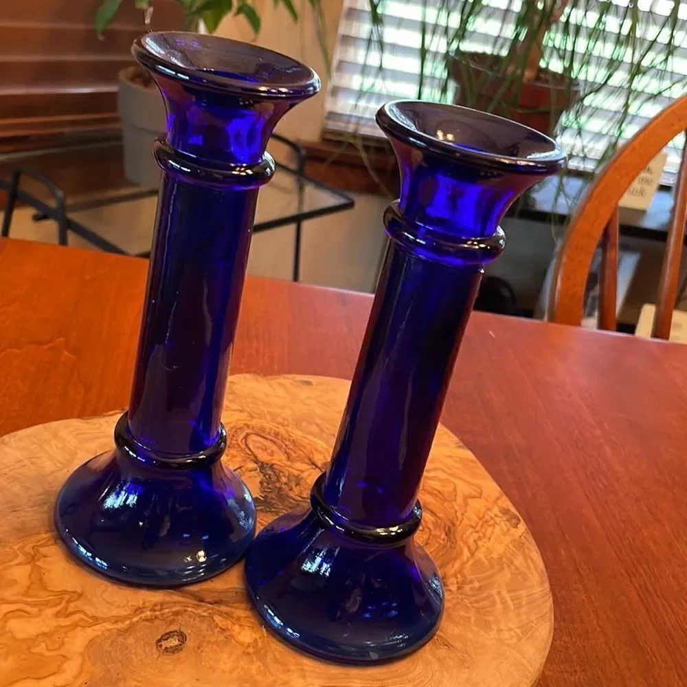 Pair of Cobalt Blue Glass Candlestick Holders